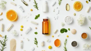 Herbs, protiens and fruits from an arial view on a white background - Natures medicine